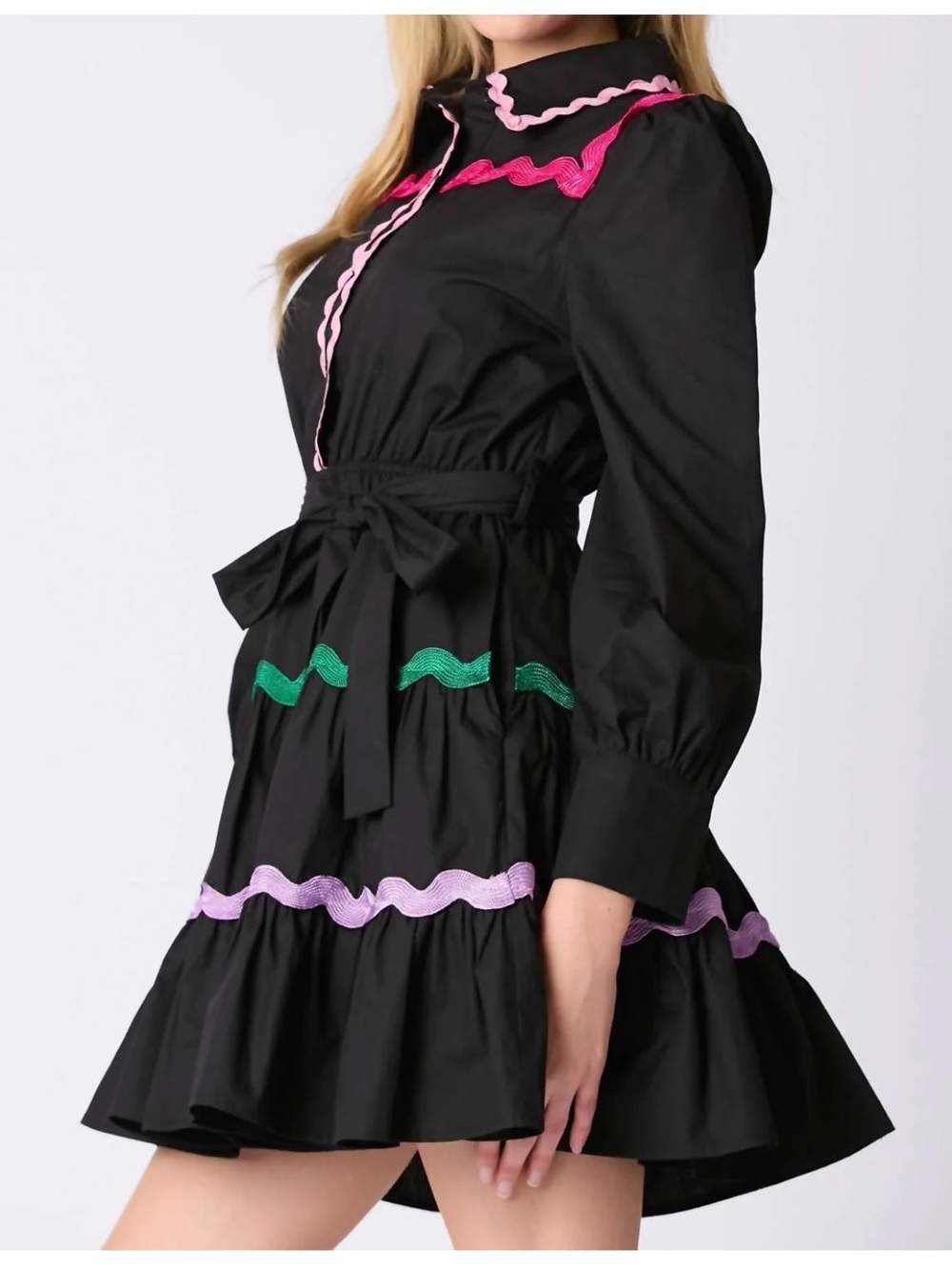 Peach Love California Black Mini Dress with Pink and Green Trim